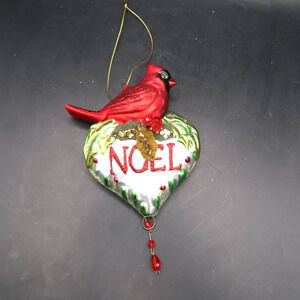 Mercury Glass Cardinal Heart Noel Christmas Ornament Vintage Large Beaded